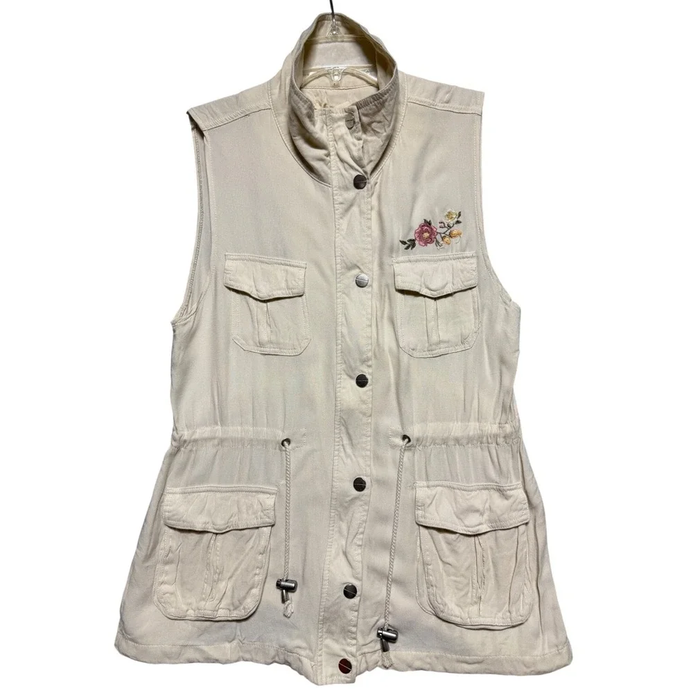 Ashley by 26 International Cream Floral Embroidered Utility Vest‎ XL Downtown